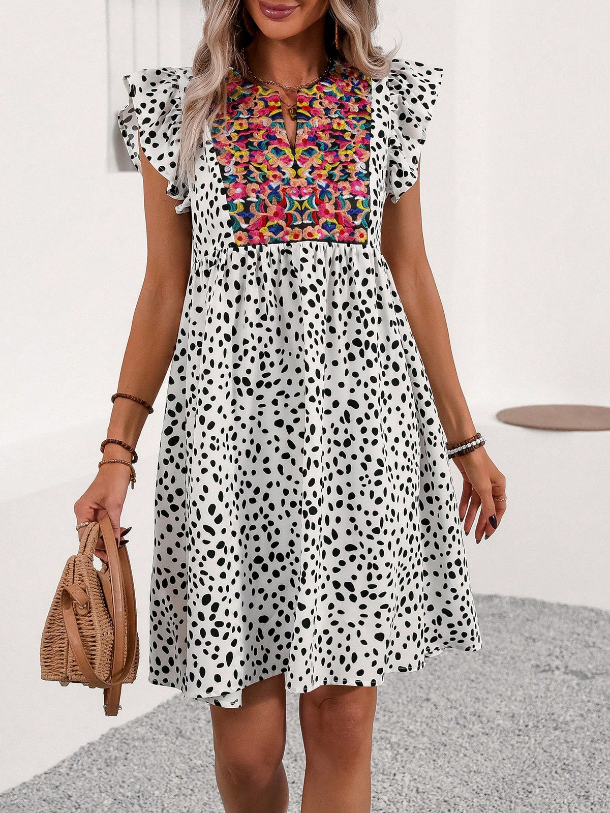 Spotted Print Notched Collar Ruffled Trim Dress