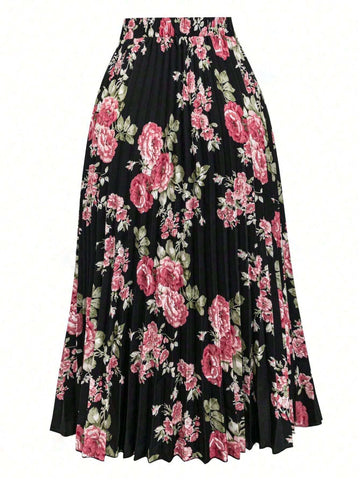 LUNE Spring/Summer Casual Randomly Cut Floral Print Pleated Skirt