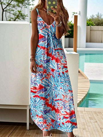 Spring/Summer Floral Watercolor Printed V-Neck Spaghetti Strap Women's Dress