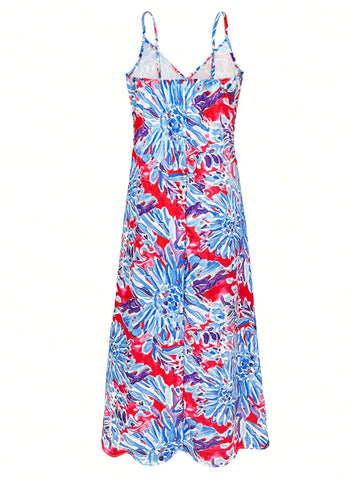 Spring/Summer Floral Watercolor Printed V-Neck Spaghetti Strap Women's Dress