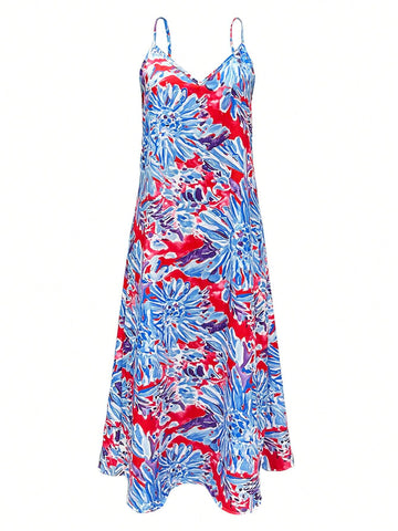 Spring/Summer Floral Watercolor Printed V-Neck Spaghetti Strap Women's Dress