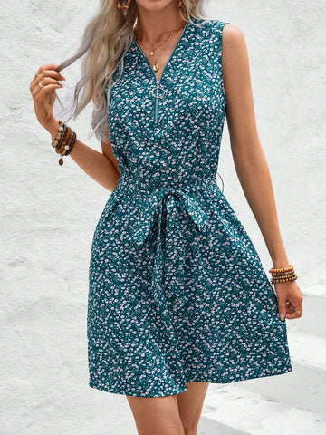 Spring/Summer Fresh Floral Print, Sleeveless A-Line Dress With A Gathered Waist