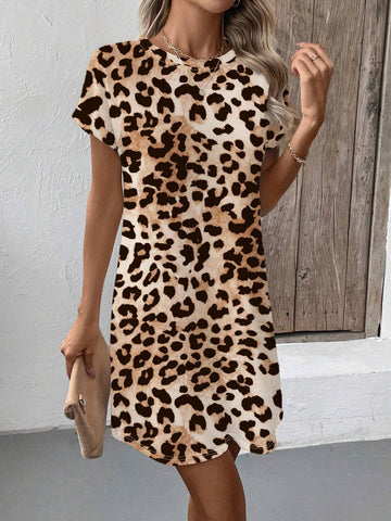 Spring/Summer Loose Casual Leopard Print Round Neck Short Sleeve Mid-Length Dress