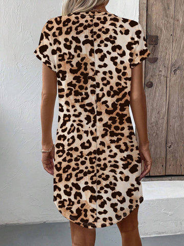 Spring/Summer Loose Casual Leopard Print Round Neck Short Sleeve Mid-Length Dress