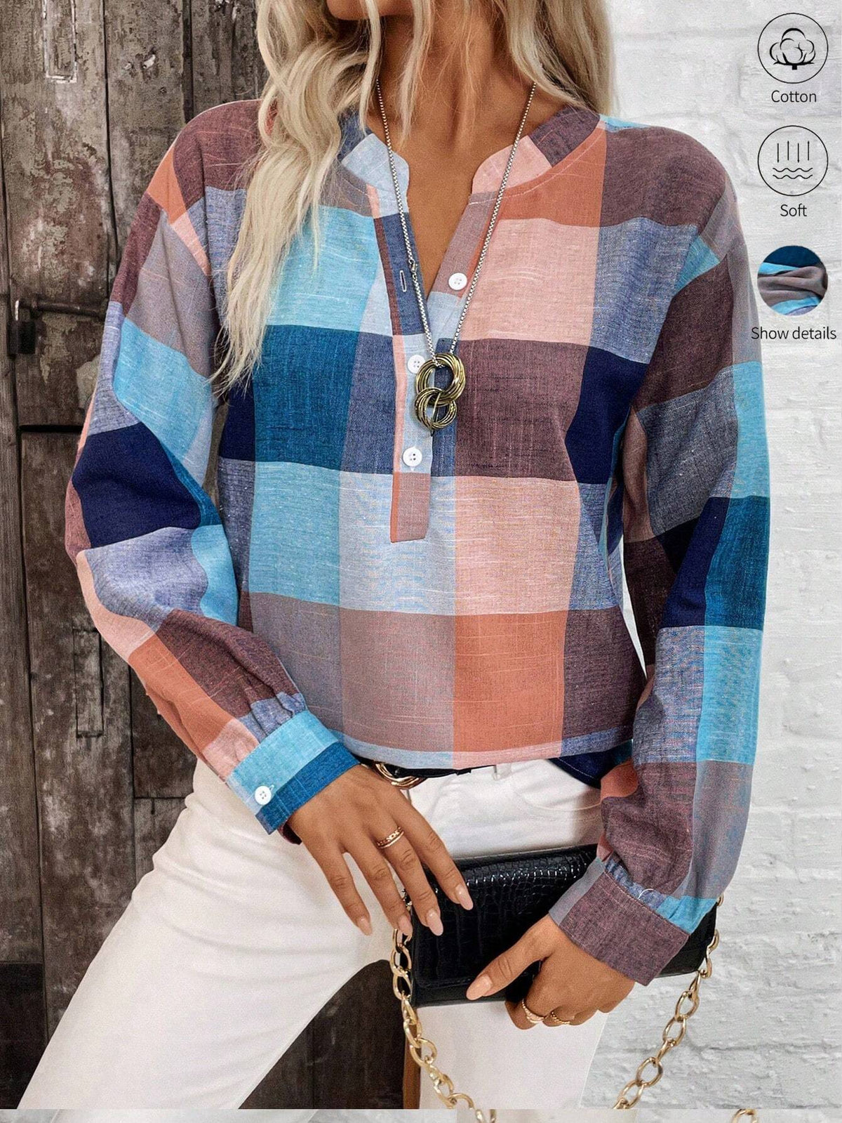 LUNE Spring And Autumn Leisure Notched Collar Plaid Long Sleeve Shirt