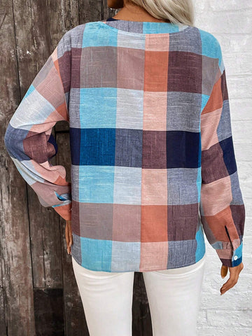 LUNE Spring And Autumn Leisure Notched Collar Plaid Long Sleeve Shirt