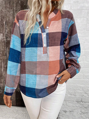 LUNE Spring And Autumn Leisure Notched Collar Plaid Long Sleeve Shirt