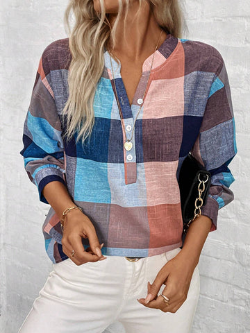 LUNE Spring And Autumn Leisure Notched Collar Plaid Long Sleeve Shirt