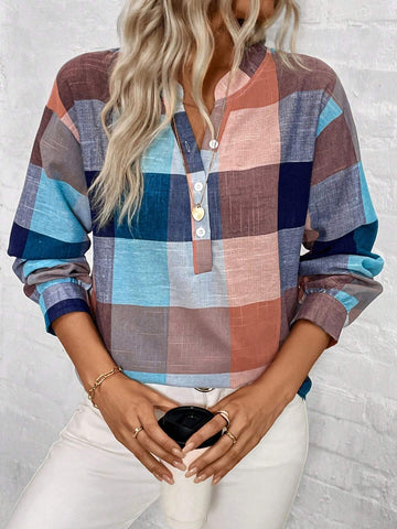 LUNE Spring And Autumn Leisure Notched Collar Plaid Long Sleeve Shirt