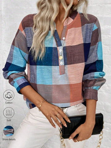 LUNE Spring And Autumn Leisure Notched Collar Plaid Long Sleeve Shirt