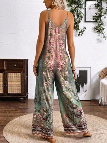 Spring And Summer Casual Vacation H-Type Positioning Printed Strap Jumpsuit