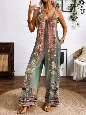 Spring And Summer Casual Vacation H-Type Positioning Printed Strap Jumpsuit