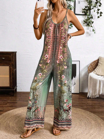 Spring And Summer Casual Vacation H-Type Positioning Printed Strap Jumpsuit