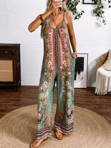 Spring And Summer Casual Vacation H-Type Positioning Printed Strap Jumpsuit