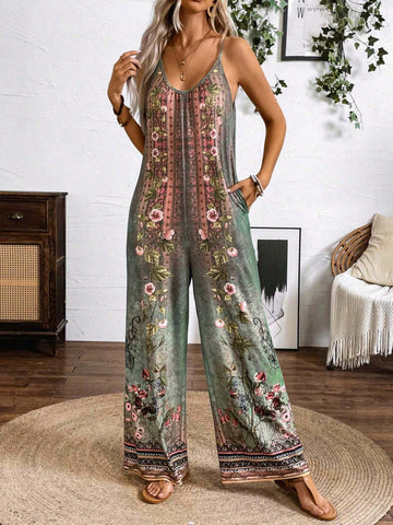 Spring And Summer Casual Vacation H-Type Positioning Printed Strap Jumpsuit