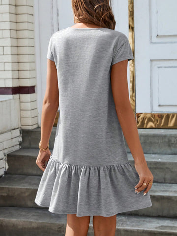 Spring Loose Grey Casual Women's Dress With Ruffled Hem