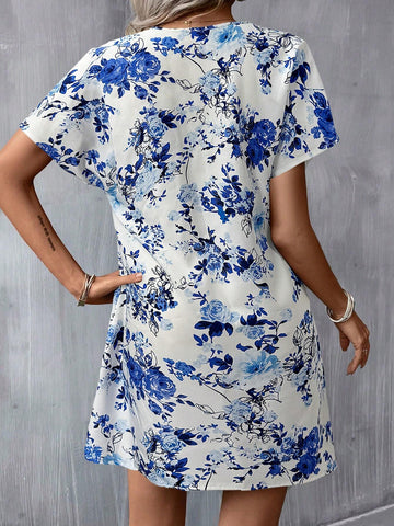 Spring New Casual Vacation Mini Blue & White Porcelain Print Bohemian Style Women's Dress