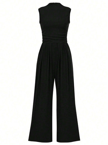 Spring Summer Vacation Leisure Solid Color Stand Collar Pleated Waist Sleeveless Jumpsuit