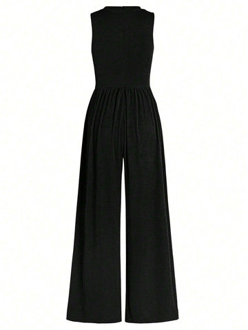 Spring Summer Vacation Leisure Solid Color Stand Collar Pleated Waist Sleeveless Jumpsuit