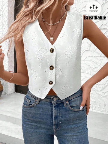 LUNE Spring White Embroidered Romantic Date Vest Style Women Blouse