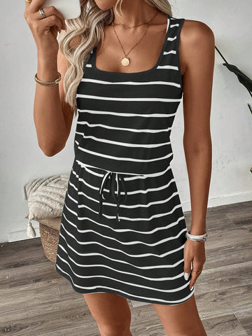 Spring & Autumn Women Casual Stripe Print U-Neck Sleeveless Drawstring Waist Fashion Vacation