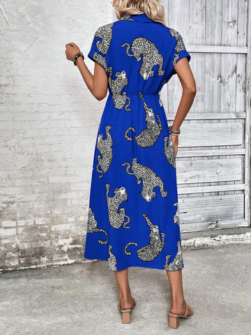 Spring & Summer Casual Cheetah Print Front Button Down Dress
