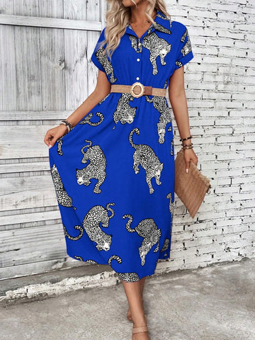 Spring & Summer Casual Cheetah Print Front Button Down Dress