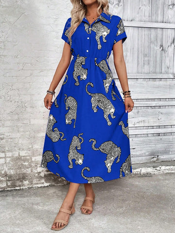 Spring & Summer Casual Cheetah Print Front Button Down Dress