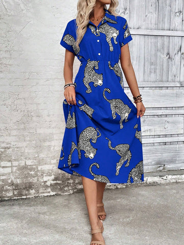 Spring & Summer Casual Cheetah Print Front Button Down Dress