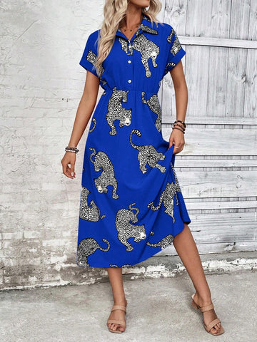 Spring & Summer Casual Cheetah Print Front Button Down Dress