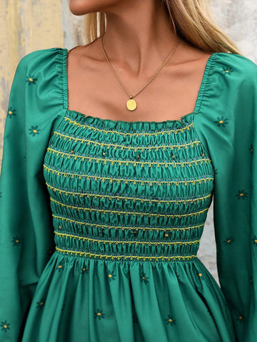 Square Collar Ruffle Hem Lantern Sleeve Floral Print Long Sleeve Dress