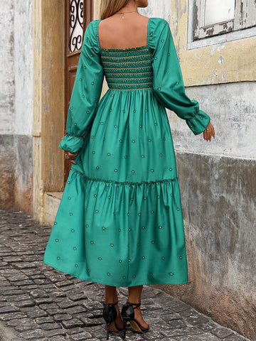 Square Collar Ruffle Hem Lantern Sleeve Floral Print Long Sleeve Dress