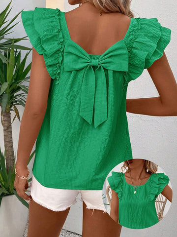 LUNE Square Neck Double Layered Butterfly Sleeve Back Bow Decor Blouse