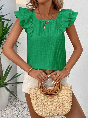 LUNE Square Neck Double Layered Butterfly Sleeve Back Bow Decor Blouse