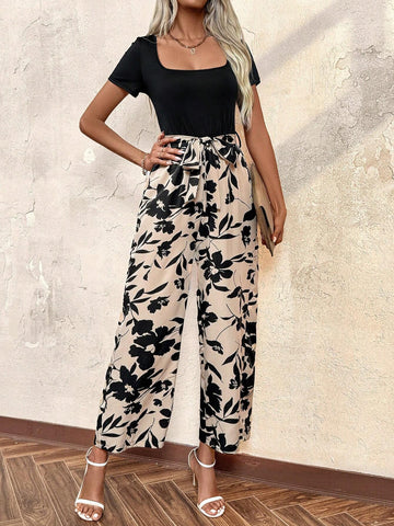 Square Neck Self-Tie Summer Casual Jumpsuit
