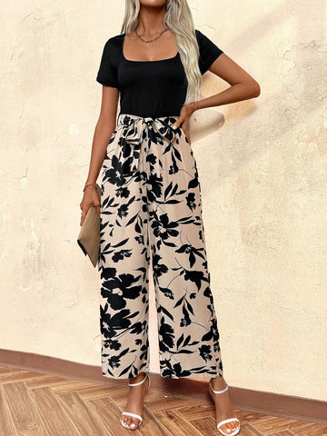 Square Neck Self-Tie Summer Casual Jumpsuit