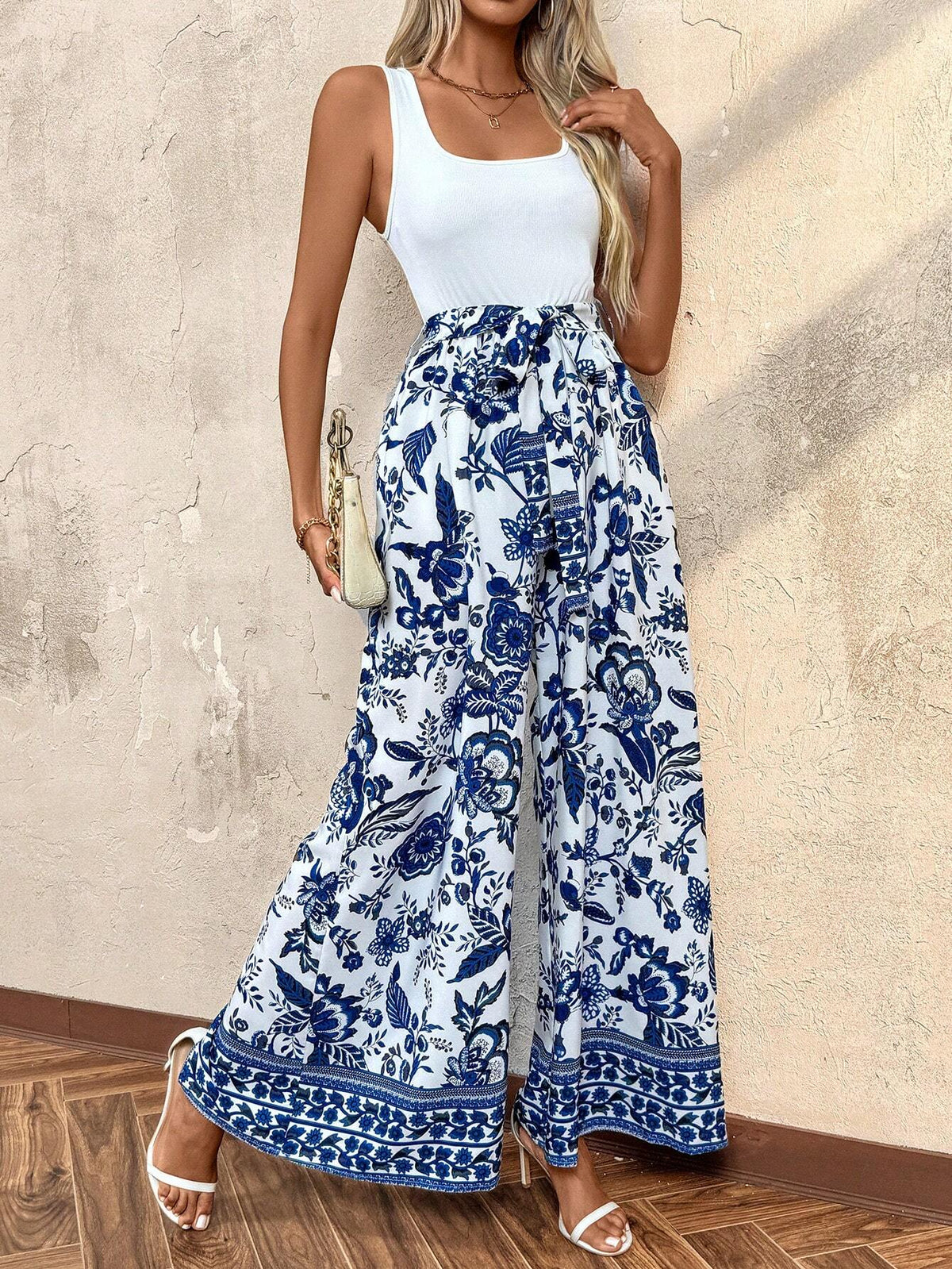 Square Neckline Belted Blue And White Porcelain Print Sleeveless Jumpsuit For Women