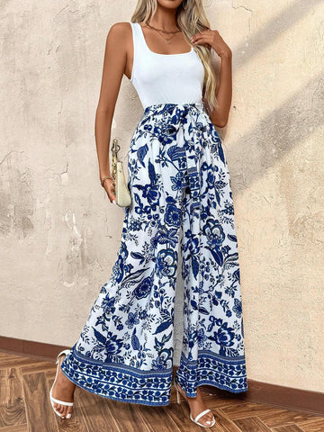 Square Neckline Belted Blue And White Porcelain Print Sleeveless Jumpsuit For Women
