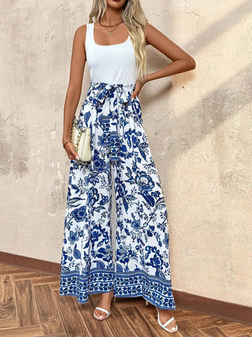 Square Neckline Belted Blue And White Porcelain Print Sleeveless Jumpsuit For Women