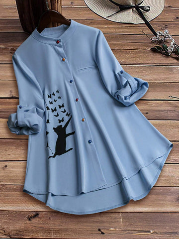 LUNE Stand Collar Cat & Butterfly Patterned Shirt With Half-Curved Hem, Button Front Opening, Colored Buttons And Sleeve Cuffs