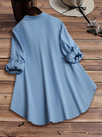 LUNE Stand Collar Cat & Butterfly Patterned Shirt With Half-Curved Hem, Button Front Opening, Colored Buttons And Sleeve Cuffs