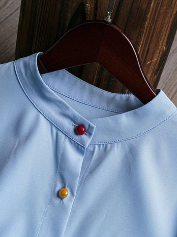 LUNE Stand Collar Cat & Butterfly Patterned Shirt With Half-Curved Hem, Button Front Opening, Colored Buttons And Sleeve Cuffs