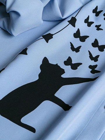 LUNE Stand Collar Cat & Butterfly Patterned Shirt With Half-Curved Hem, Button Front Opening, Colored Buttons And Sleeve Cuffs