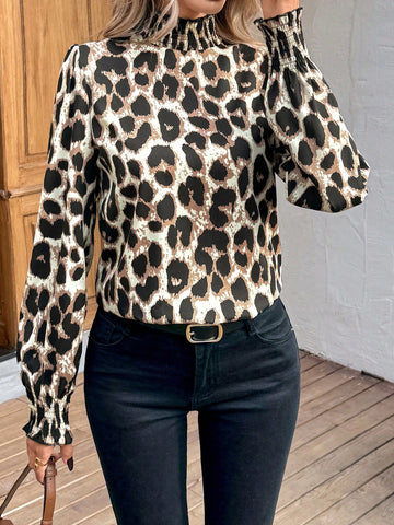 LUNE Stand Collar Gathered Ruffle Edge Lantern Sleeve Retro Leopard Print Casual/Commute Elegant Women Long Sleeve Shirt,