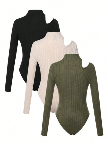 Stand Collar Hollow Out Rib Bodysuit