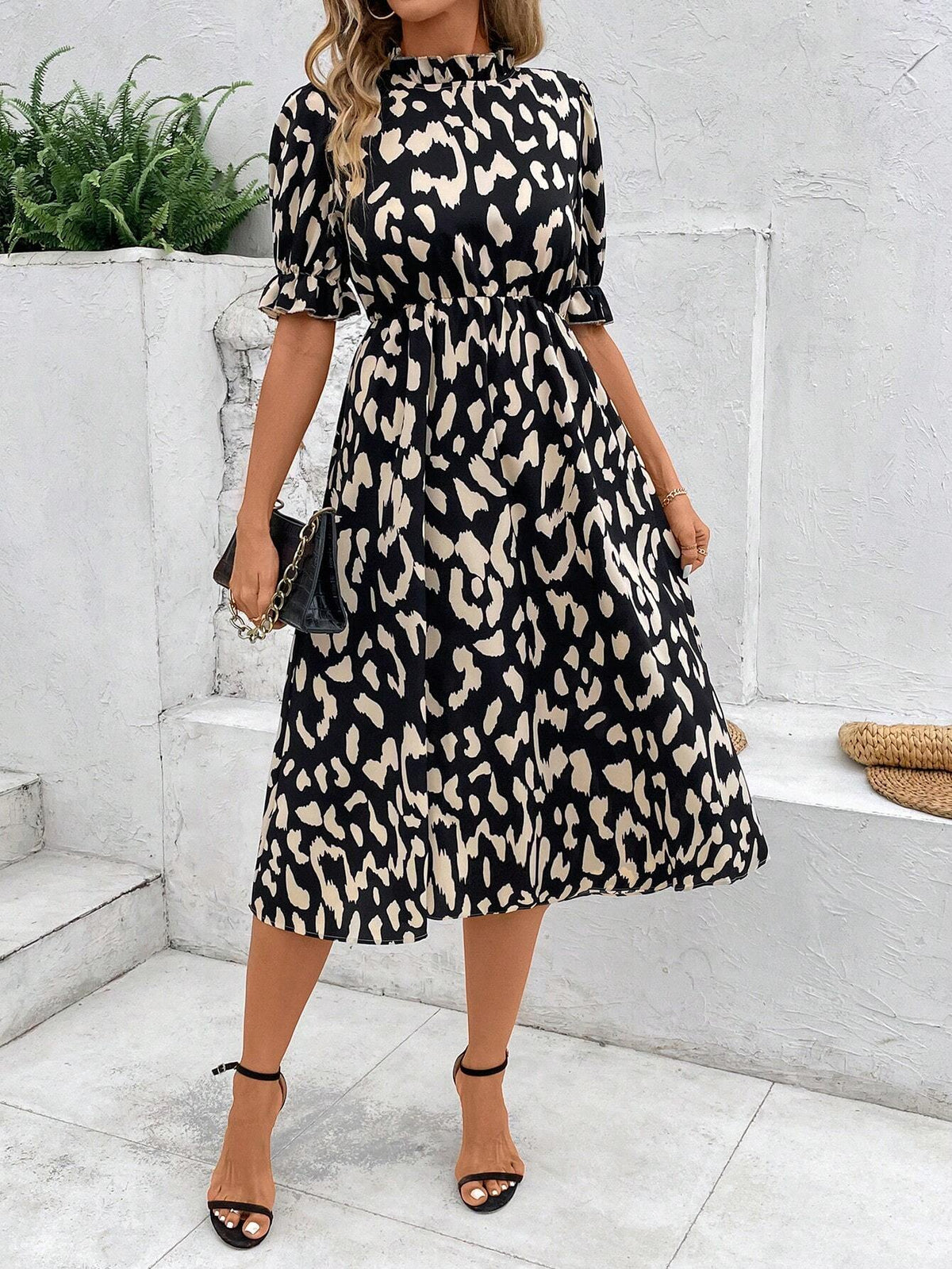 Stand Collar Lace Trim Casual Printed Women's Dress