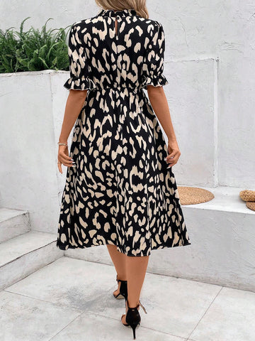 Stand Collar Lace Trim Casual Printed Women's Dress