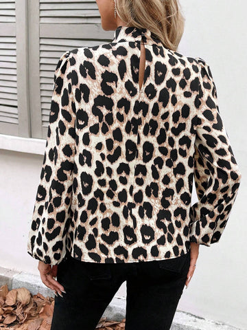 LUNE Stand Collar With Ruched Neck, Puff Sleeve, Lantern Sleeve, Retro Leopard Print Casual & Office Elegant Women Blouse For Autumn & Winter