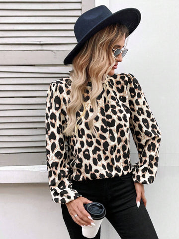 LUNE Stand Collar With Ruched Neck, Puff Sleeve, Lantern Sleeve, Retro Leopard Print Casual & Office Elegant Women Blouse For Autumn & Winter