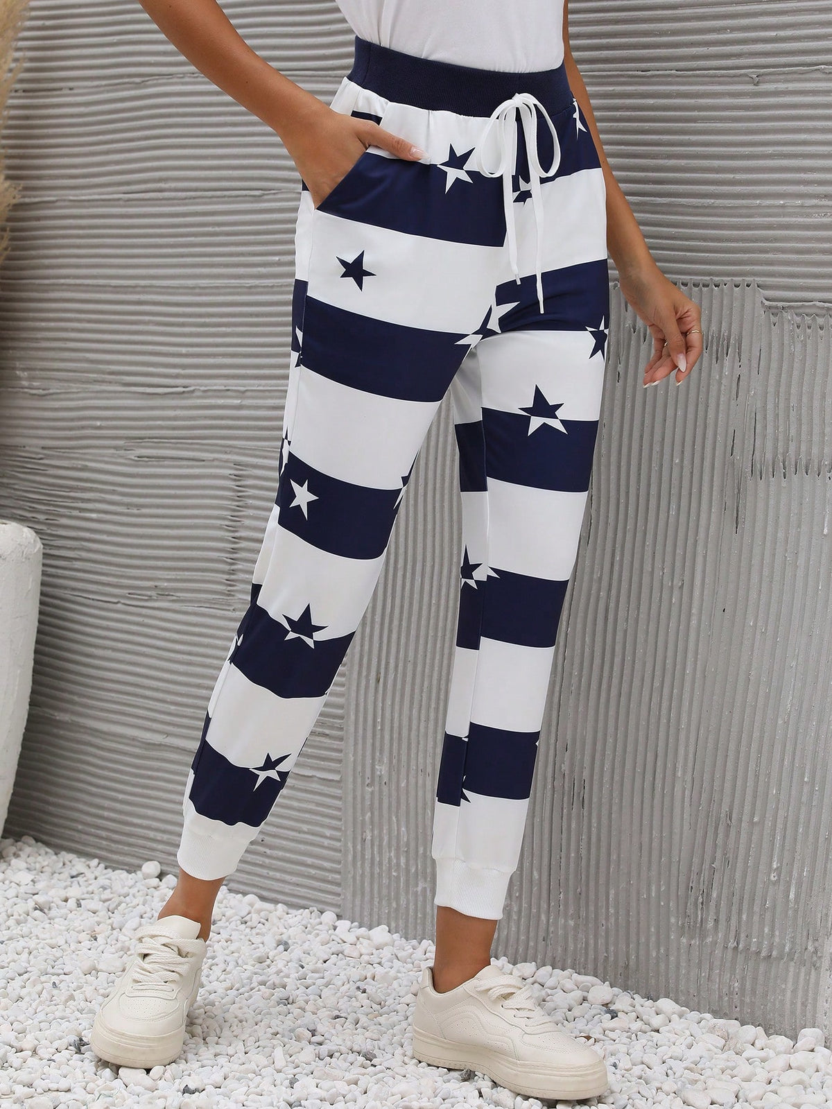 LUNE Star Print Tie Waist Slant Pocket Pants